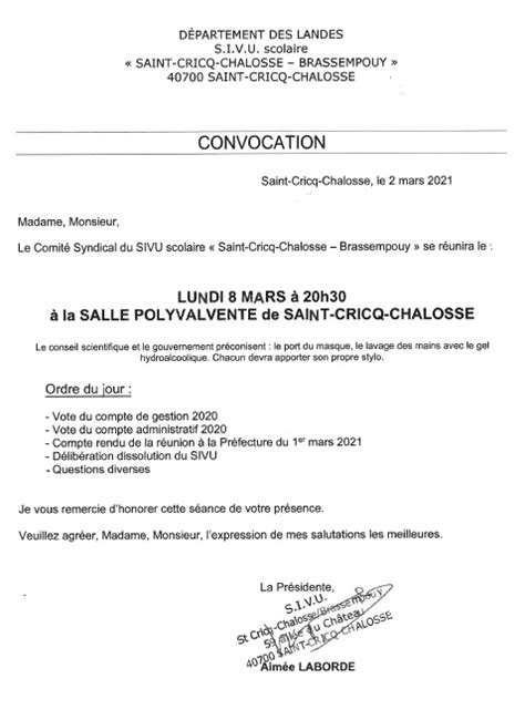 Convocation réunion Comité Syndicat SIVU du lundi 8 mars 2021