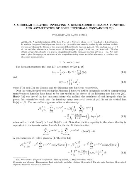 Pdf A Modular Relation Involving A Generalized Digamma Function And