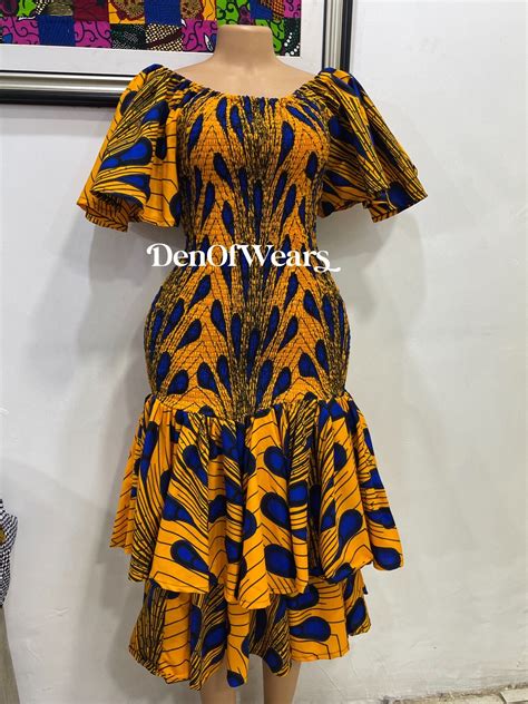 African Print Mid Length Smocked Ankara Dress Ankara Elastic Dress