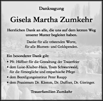 Traueranzeigen Von Gisela Martha Zumkehr Schwarzw Lder Bote Trauer