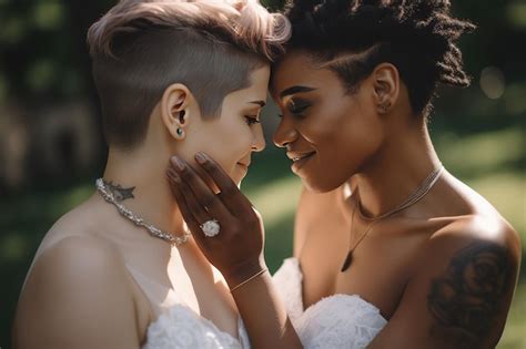 Premium AI Image Smiling Multiethnic Lesbian Couple Posing The Day Of The Wedding