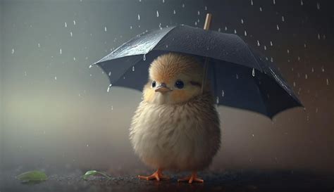 Frango De Desenho Animado Fofo Segurando Um Guarda Chuva Na Chuva