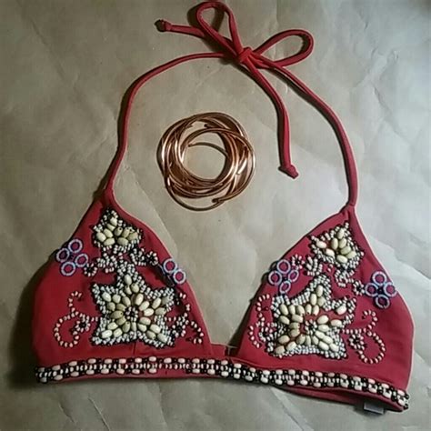 Victoria S Secret Swim Beaded Red Triangle Halter Bikini Top Sale Poshmark