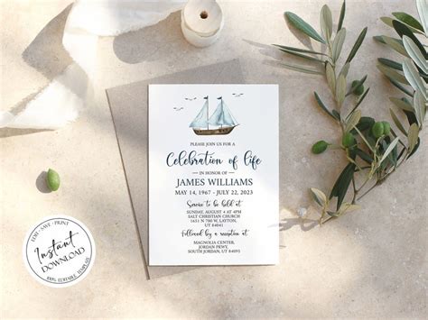 Nautical Funeral Invitation Sailboat Funeral Announcement Etsy