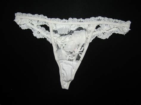 Vintage Lingerie White Thong Bikini Panties Sheer Lac Gem