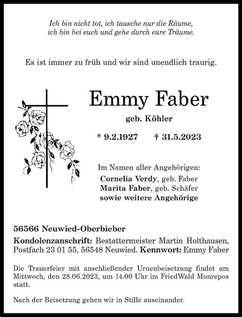 Traueranzeigen Von Emmy Faber Rz Trauer De