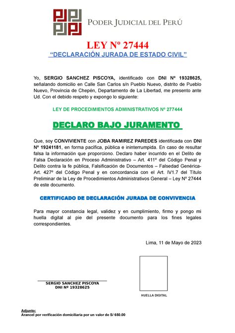 05 Declaración Jurada DE Convivencia LEY Nº 27444 DECLARACIÓN JURADA