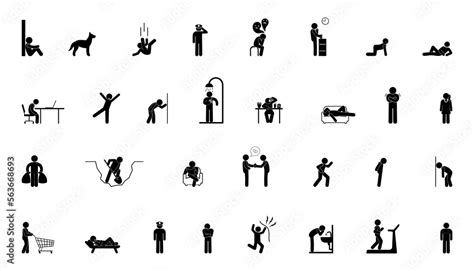 Stick Figure Man Icon People Stand Lie Sit And Walk Set Of Isolated