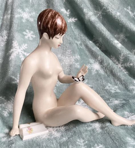 Royal Dux Porcelain Figurine Nude Naked Girl Woman Figure Butterfly Book Cernoch