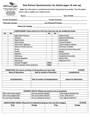 Fillable Online Sshwc New BPatient Questionnaireb For Adults Ages 18