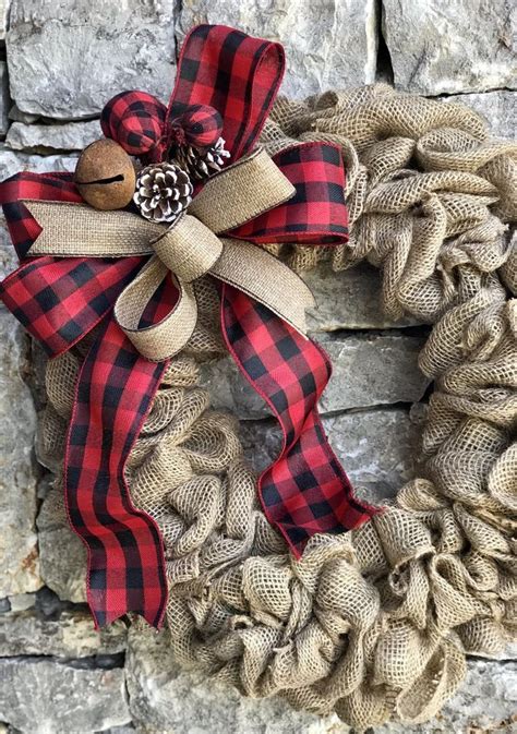 Burlap Christmas Wreath Farmhouse Wreath Buffalo Plaid Christmas