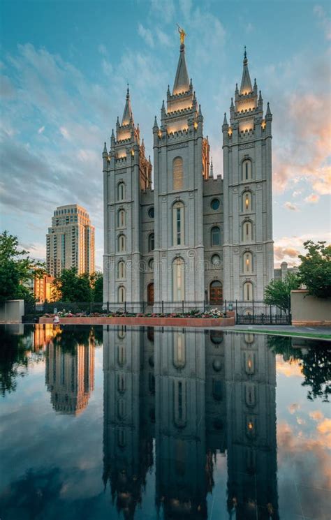 Reflections Of The Salt Lake Lds Temple At Sunset In Temple Square In