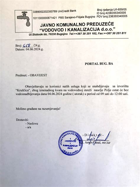 Obavijest za korisnike vode sa vodovodnog sistema Kruščica Bug ba