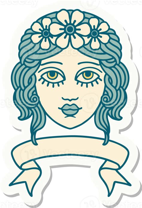 Tattoo Sticker With Banner Of Female Face With Crown Of Flowers