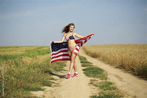 Sexy Woman In Sexy American Flag Bikini In A Wheat Field Stock Photo Adobe Stock