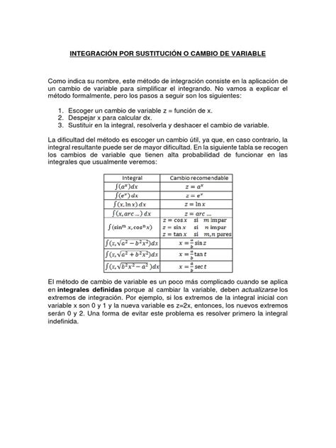 Integración Por Sustitución O Cambio De Variable Pdf