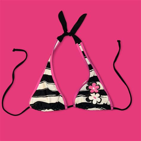 Black And Pink Striped Bikini Top With Flower Detail Depop