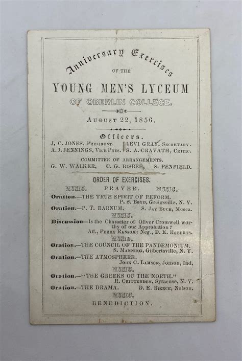 Oberlin College Anniversary Exercises Of The Young Mens Lyceum Of