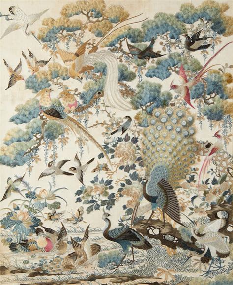 Bonhams A Pair Of Silk Embroidered One Hundred Birds Panels