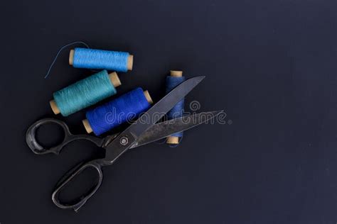 Scissor And Threads Tailoring Tools And Accessories On Black Ba Stock