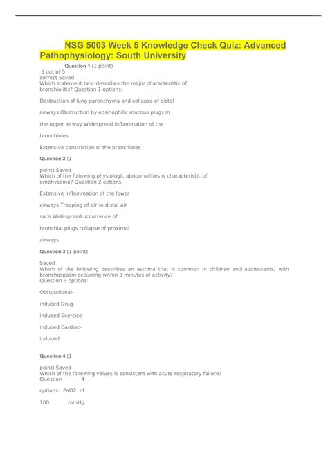 Nsg Week Knowledge Check Quiz Advanced Pathophysiology South