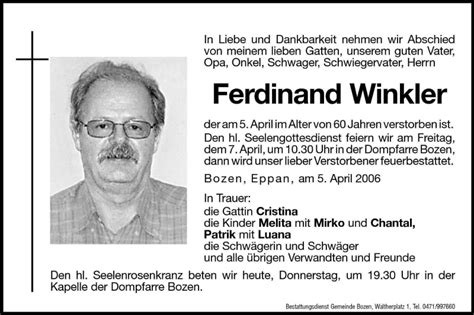 Traueranzeigen Von Ferdinand Winkler Trauer Bz