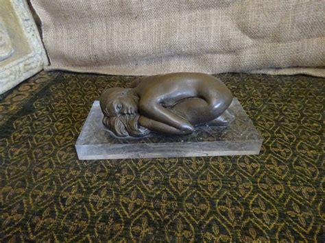 Erotic Naked Crouching Woman In Bronze Composite Sculpture By Jacques