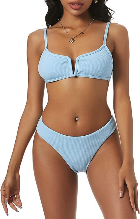 Amazon Zaful Women S Ribbed V Wired Cami Bikini Set Two Piece Padded Solid High Cut