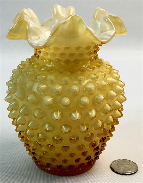 Lot Vintage Fenton Yellow Case Glass Hobnail Vase W Ruffled Edge