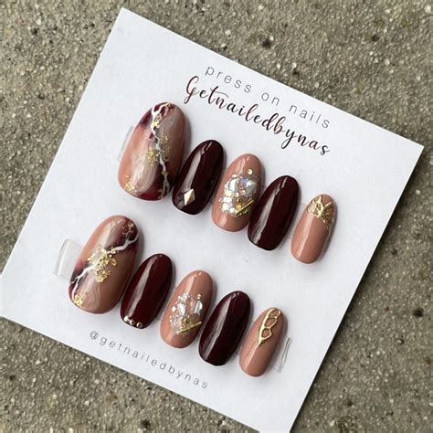Jual Nude Maroon Marble Press On Nails Fake Nails Kuku Palsu Wedding Nails Custom Nails