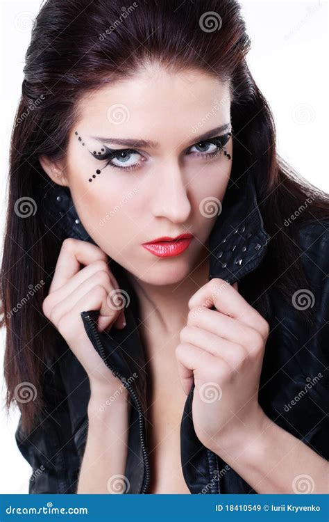 Brunette Woman In Leather Jacket Stock Image Image Of Biker Hair