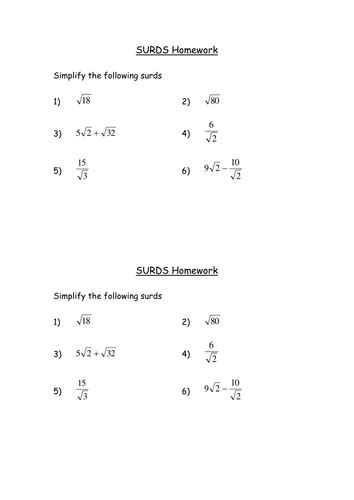 Rationalising Surds Homework Teaching Resources