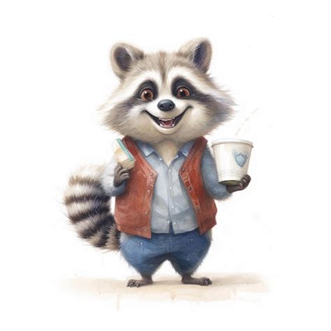 Premium Photo | A cartoon raccoon with a cup of coffee in his hand.