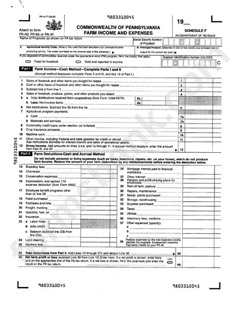 Fillable Form Pa 40 F Pennsylvania Farm Income And Expenses Printable