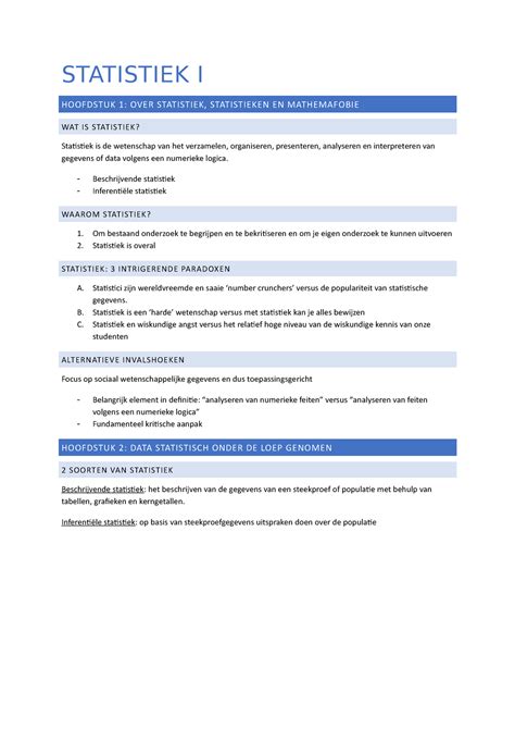 Statistiek I Samenvatting STATISTIEK I HOOFDSTUK 1 OVER STATISTIEK