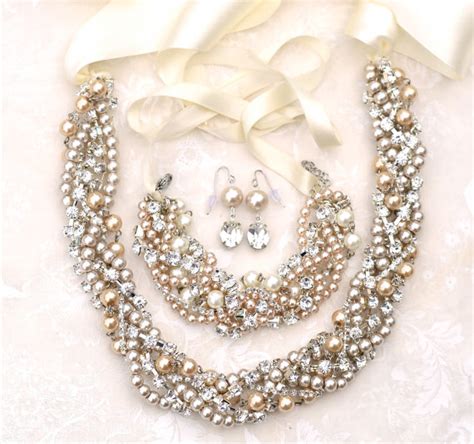 Chunky Pearl Wedding Set Champagne Pearl And Rhinestone Wedding