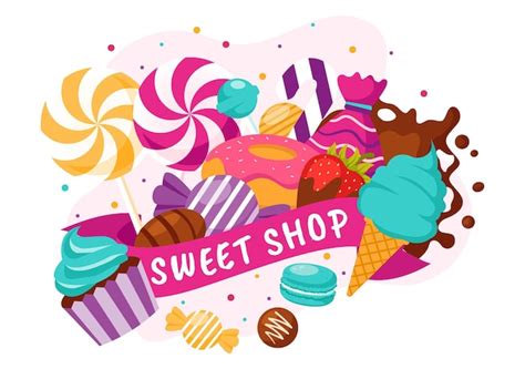 Ilustración vectorial de la tienda de dulces con venta de varios