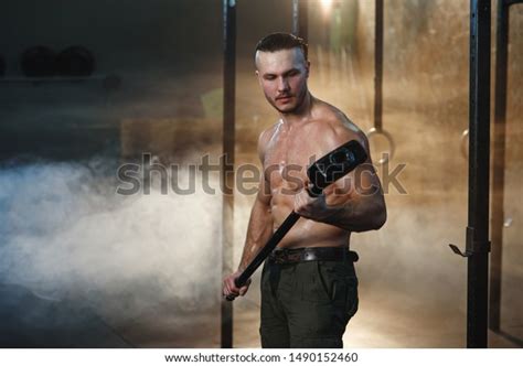 Strong Muscular Man Naked Torso Holds Stock Photo Shutterstock