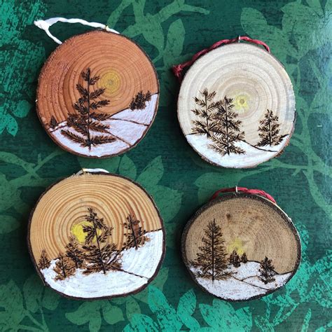 4 Piece Set Wood Slice Burned Christmas Tree Ornament Painted Etsy