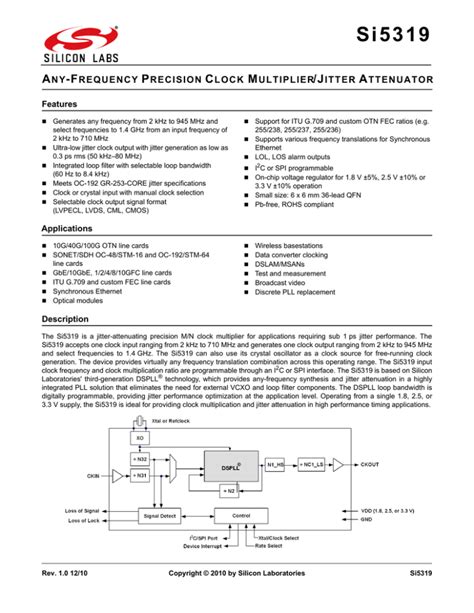 Si5319 Data Sheet Any Frequency Precision Clock Multiplier Jitter