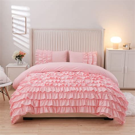 Ntbed Full Queen Size Pink Ruffled Comforter Set Chic Bedding Set For