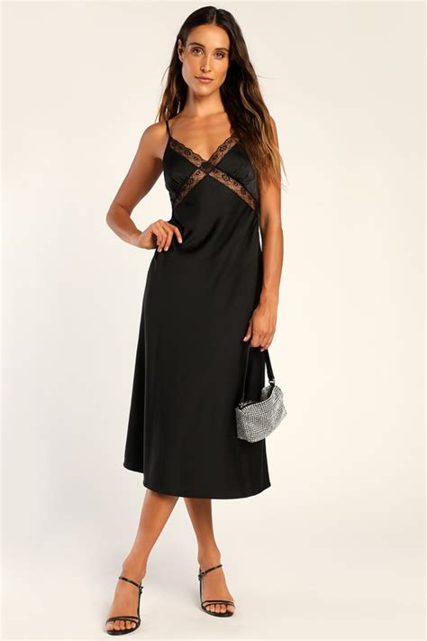 Pretty Black Dress Midi Slip Dress Lace Slip Dress Lulus