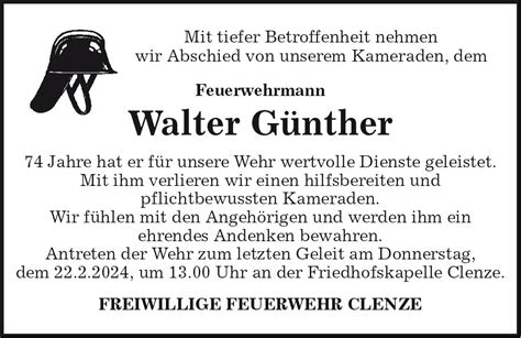 Das Trauerportal für Lüchow Dannenberg Todesanzeigen Walter Günther