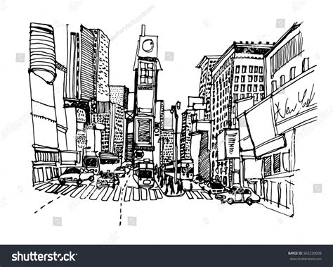 Hand Drawn Ink Line Sketch New York City Times Square With Buildings