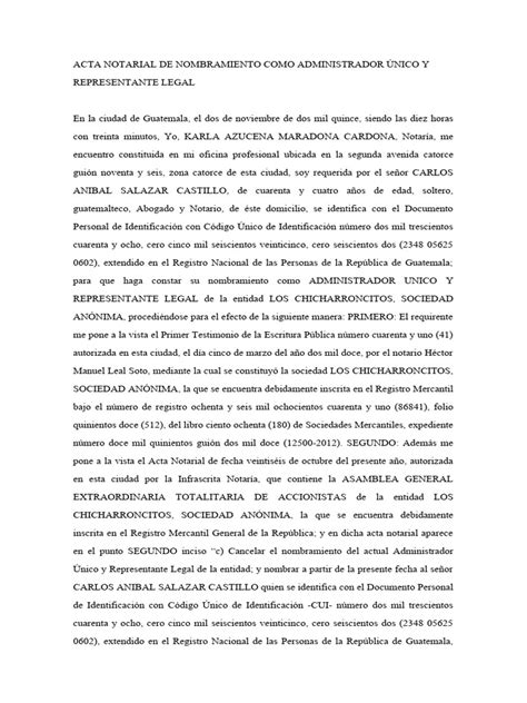 Acta Notarial De Nombramiento Como Administrador Único Y Representante