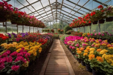 Greenhouse Filled With Vibrant And Colorful Flowers Stock Illustration