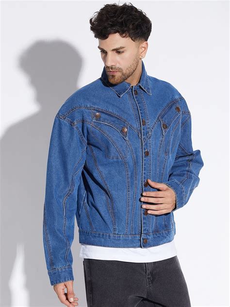 Mid Wash Wavy Panelled Oversized Denim Jacket Buy Men Jacket Fugazee