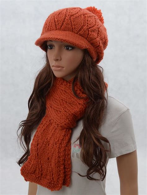 Wool Slouchy Woman Handmade Knitting Hat And Scarf Set Pumpkin