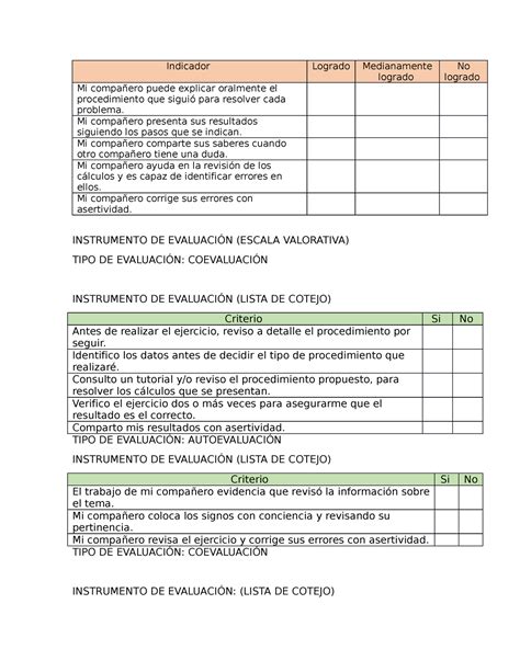 Evaluaciones R Bricas Y Listas De Cotejo Indicador Logrado