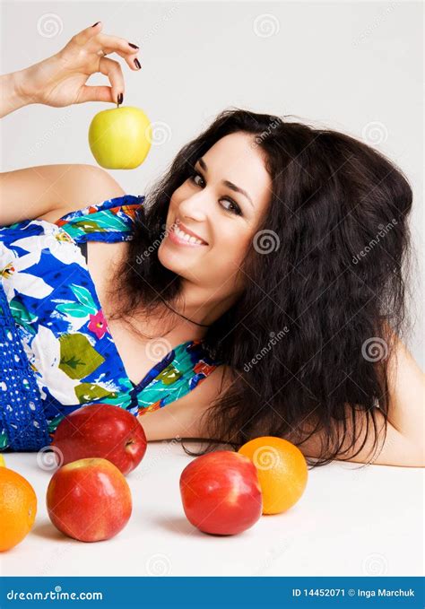Cheerful Brunette With Fresh Fruits Stock Image Image Of Abundance Apple